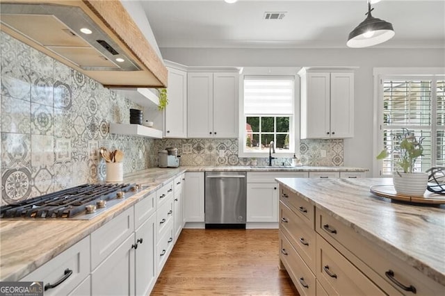 kitchen with stainless steel appliances, premium range hood, a sink, and tasteful backsplash