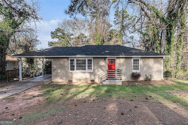 2203 Knoll Dr, Decatur, GA 30032 - ranch-style house with brick siding, crawl space, a carport, and driveway