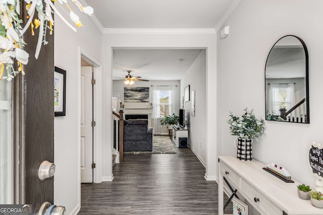 hall featuring baseboards, stairway, ornamental molding, and dark wood-style flooring