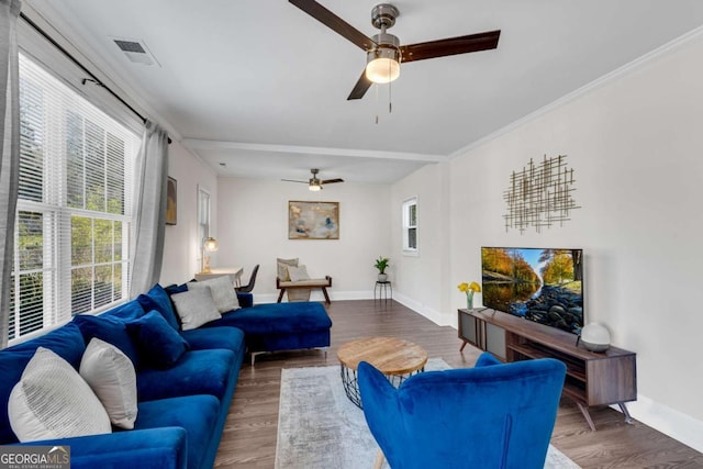 2072 Baker Rd NW, Atlanta, GA 30318 - living room with visible vents, baseboards, ceiling fan, and wood finished floors