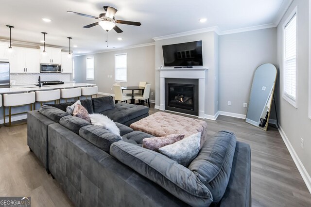 3739 Silvery Way, Powder Springs, GA 30127 - living area featuring ceiling fan, wood finished floors, baseboards, and ornamental molding