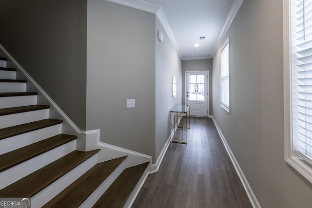 3739 Silvery Way, Powder Springs, GA 30127 - doorway with visible vents, baseboards, stairs, ornamental molding, and dark wood-style flooring