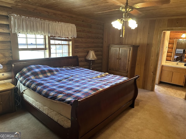 bedroom featuring a sink, wooden walls, wooden ceiling, log walls, and light colored carpet