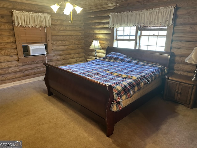 bedroom with carpet flooring, cooling unit, and log walls