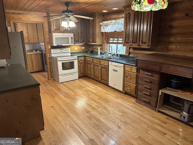 kitchen featuring a ceiling fan, a sink, dark countertops, white appliances, and wood ceiling