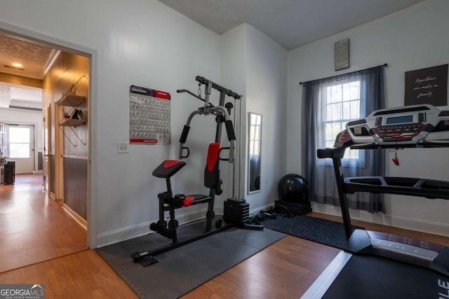 exercise area featuring a healthy amount of sunlight, baseboards, and wood finished floors