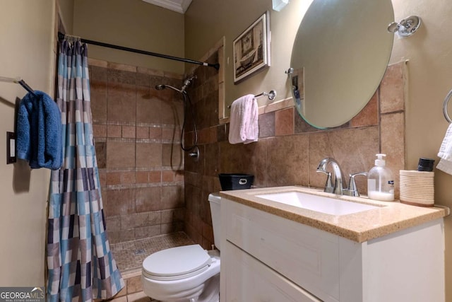 full bath with toilet, backsplash, a tile shower, tile walls, and vanity