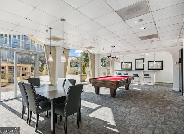 2479 NE Peachtree Rd NE Unit 503, Atlanta, GA 30305 - game room featuring dark carpet, a paneled ceiling, arched walkways, billiards table, and baseboards