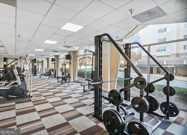 exercise room with carpet flooring and a drop ceiling