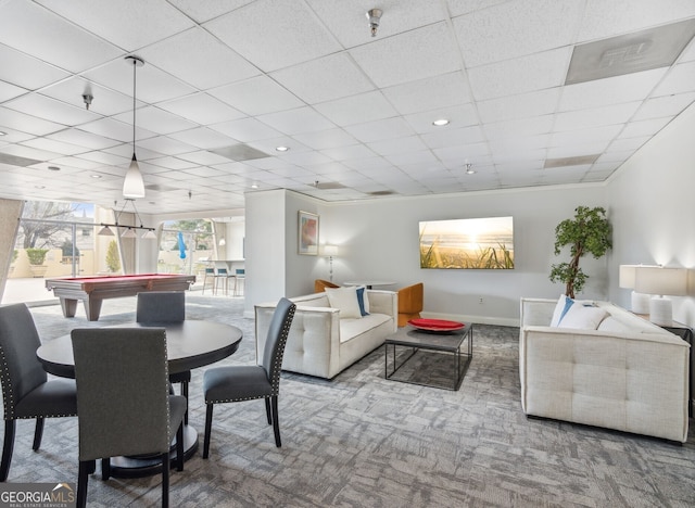 dining room with a drop ceiling, carpet flooring, baseboards, and billiards