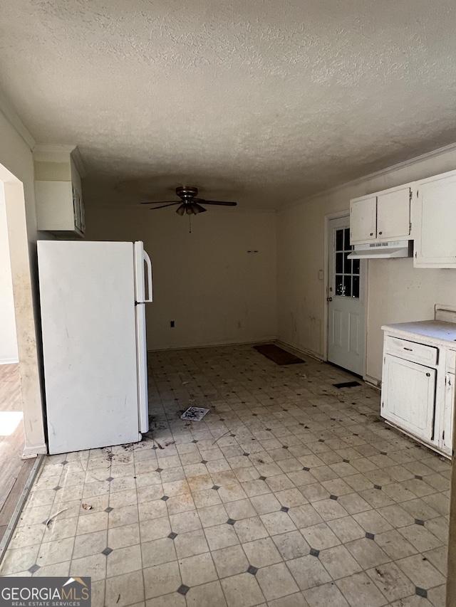 143 Oak St, Cochran, GA 31014 - kitchen featuring a ceiling fan, light floors, under cabinet range hood, white cabinetry, and freestanding refrigerator