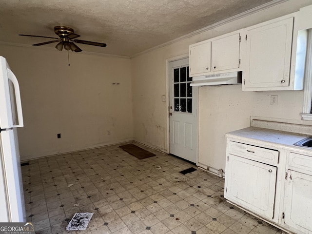 143 Oak St, Cochran, GA 31014 - kitchen featuring light countertops, a ceiling fan, freestanding refrigerator, light floors, and under cabinet range hood