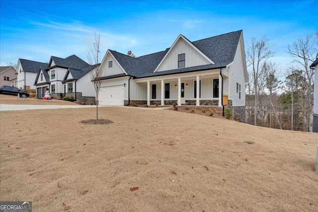 modern inspired farmhouse with board and batten siding, concrete driveway, roof with shingles, covered porch, and an attached garage
