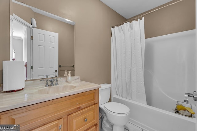 bathroom with toilet, vanity, and shower / bathtub combination with curtain