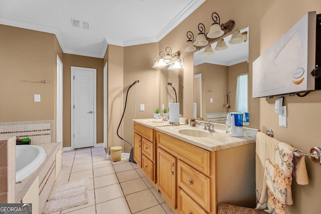 full bath with a sink, double vanity, visible vents, crown molding, and a garden tub