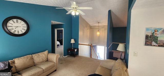 194 Goldleaf Dr, Hampton, GA 30228 - carpeted living room featuring lofted ceiling, a textured ceiling, and ceiling fan