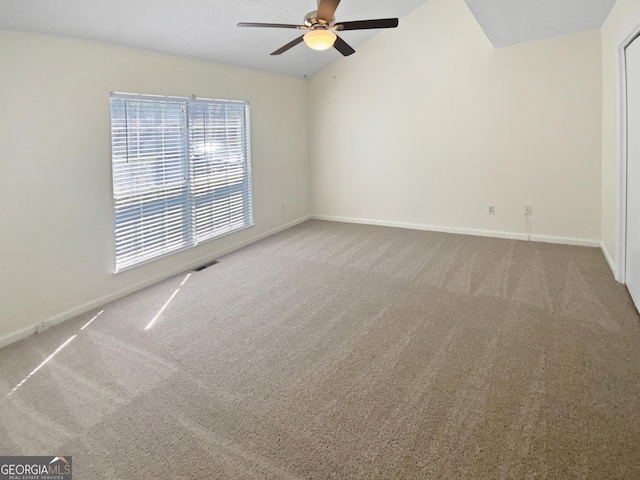3705 Tradewinds Dr, Cumming, GA 30041 - carpeted empty room featuring visible vents, baseboards, ceiling fan, and vaulted ceiling
