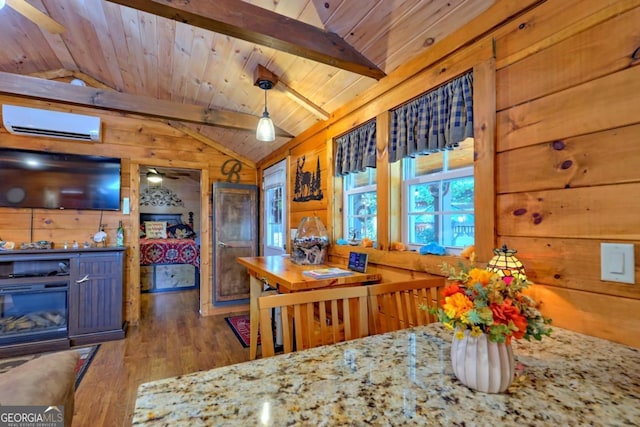 656 River Vista Dr, Dillard, GA 30537 - dining area featuring wooden walls, a wall unit AC, wood finished floors, wooden ceiling, and ceiling fan