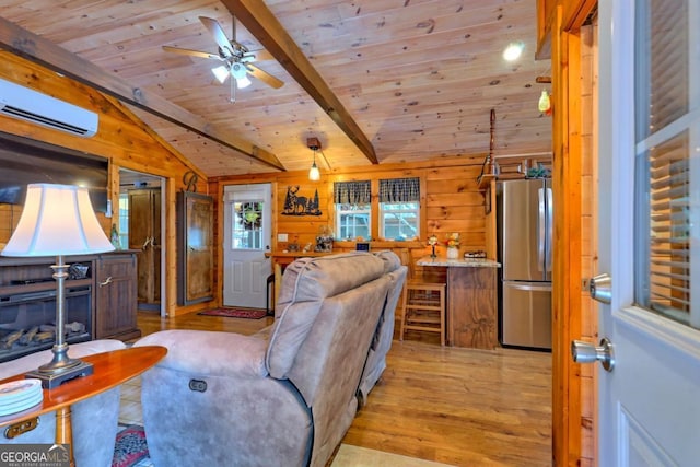 656 River Vista Dr, Dillard, GA 30537 - living area featuring light wood finished floors, wooden ceiling, an AC wall unit, wooden walls, and a ceiling fan
