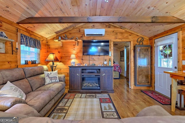 656 River Vista Dr, Dillard, GA 30537 - living area with wood walls, a wall mounted AC, wood finished floors, and wooden ceiling