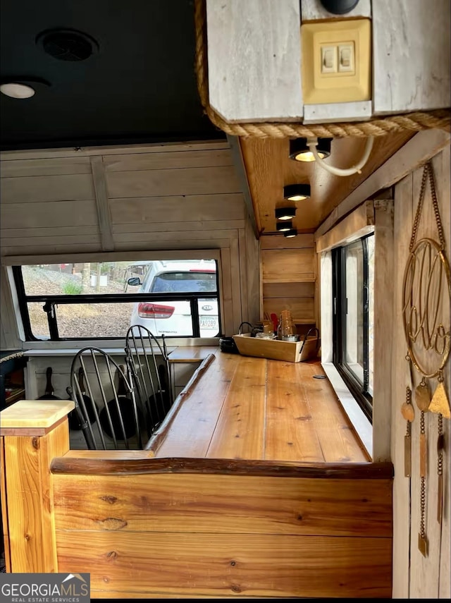 dining area with a healthy amount of sunlight and wood walls