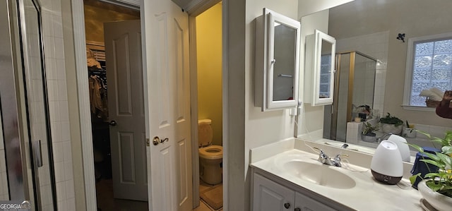 bathroom featuring toilet, a stall shower, vanity, and a spacious closet