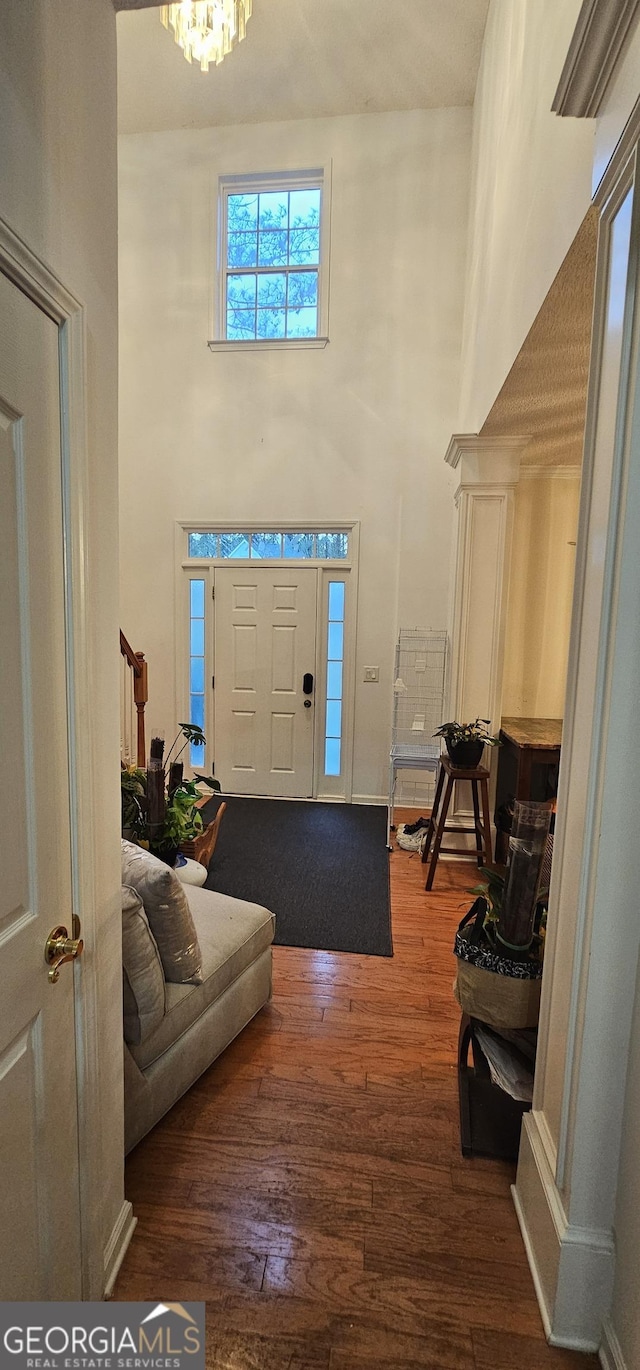 foyer entrance featuring a chandelier, a high ceiling, and hardwood / wood-style flooring