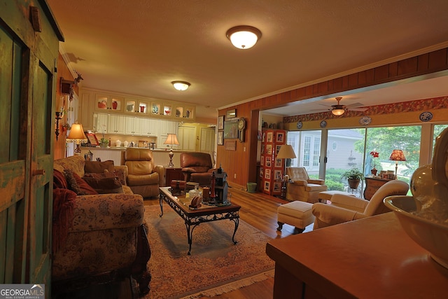 living room featuring ceiling fan, wood finished floors, and ornamental molding