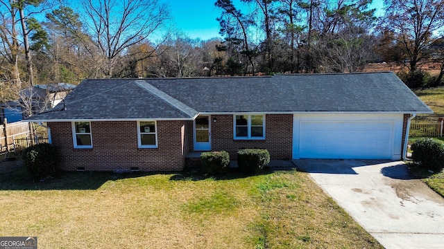 ranch-style house with a front yard, driveway, a garage, crawl space, and brick siding