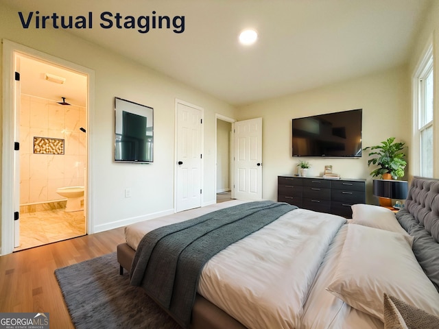 bedroom featuring recessed lighting, light wood-style flooring, ensuite bathroom, and baseboards