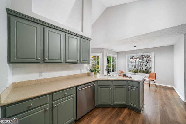 455 Ellesmere Way, Buford, GA 30518 - kitchen with dark wood-style flooring, a peninsula, dishwasher, a sink, and green cabinetry