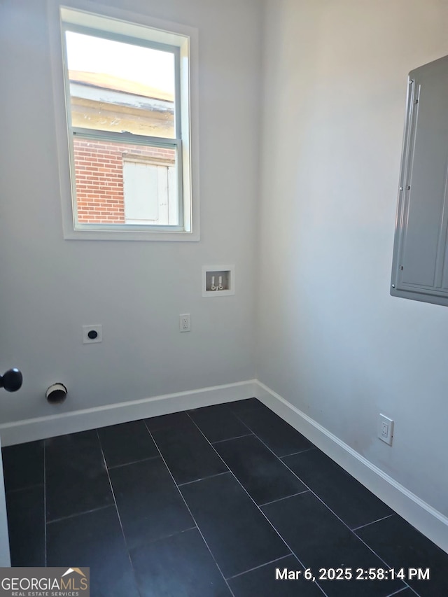 721 Cascade Ave SW, Atlanta, GA 30310 - laundry room with electric panel, hookup for an electric dryer, hookup for a washing machine, and dark tile patterned flooring