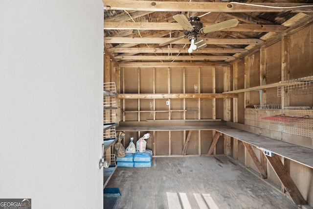 storage area featuring a ceiling fan