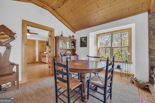181 Yonah Lake Cir, Toccoa, GA 30577 - dining space with light wood-style flooring, vaulted ceiling, and wooden ceiling