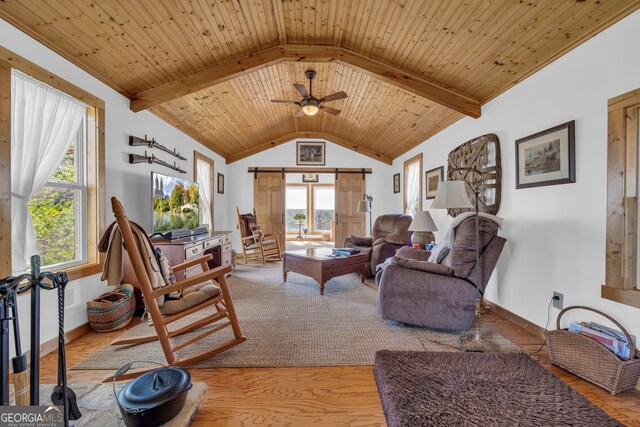 181 Yonah Lake Cir, Toccoa, GA 30577 - living room with a ceiling fan, light wood-style floors, and wood ceiling