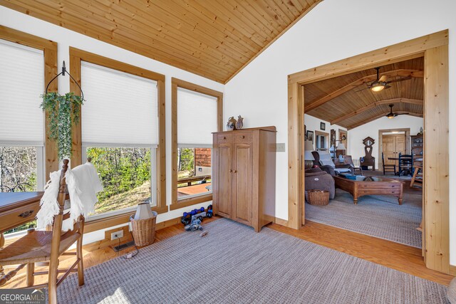 181 Yonah Lake Cir, Toccoa, GA 30577 - sitting room with lofted ceiling, wood ceiling, wood finished floors, ceiling fan, and baseboards