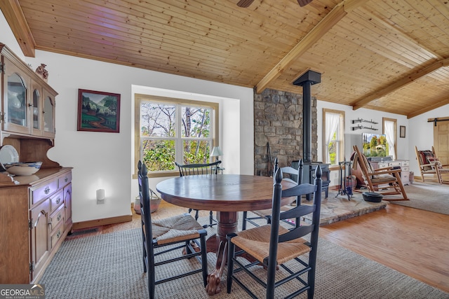 181 Yonah Lake Cir, Toccoa, GA 30577 - dining space with a wood stove, wood ceiling, light wood-type flooring, and baseboards