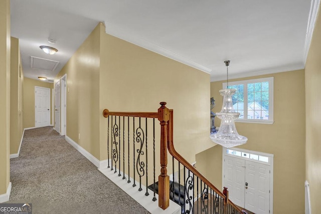 1621 Telfair Chase Way, Lawrenceville, GA 30043 - hallway with crown molding, carpet floors, baseboards, and an upstairs landing