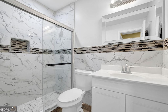 1621 Telfair Chase Way, Lawrenceville, GA 30043 - full bathroom featuring toilet, a marble finish shower, vanity, and tile walls