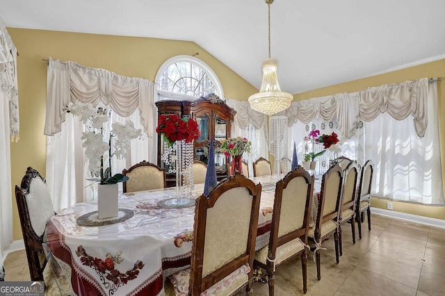 1621 Telfair Chase Way, Lawrenceville, GA 30043 - tiled dining space featuring baseboards, a chandelier, and vaulted ceiling