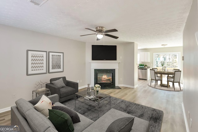 344 Springbottom Ct, Lawrenceville, GA 30046 - living area featuring light wood finished floors, a glass covered fireplace, baseboards, visible vents, and ceiling fan
