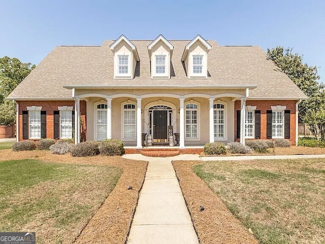 430 Brantley Rdg, Warner Robins, GA 31088 - cape cod home with a front yard, a porch, a shingled roof, and brick siding