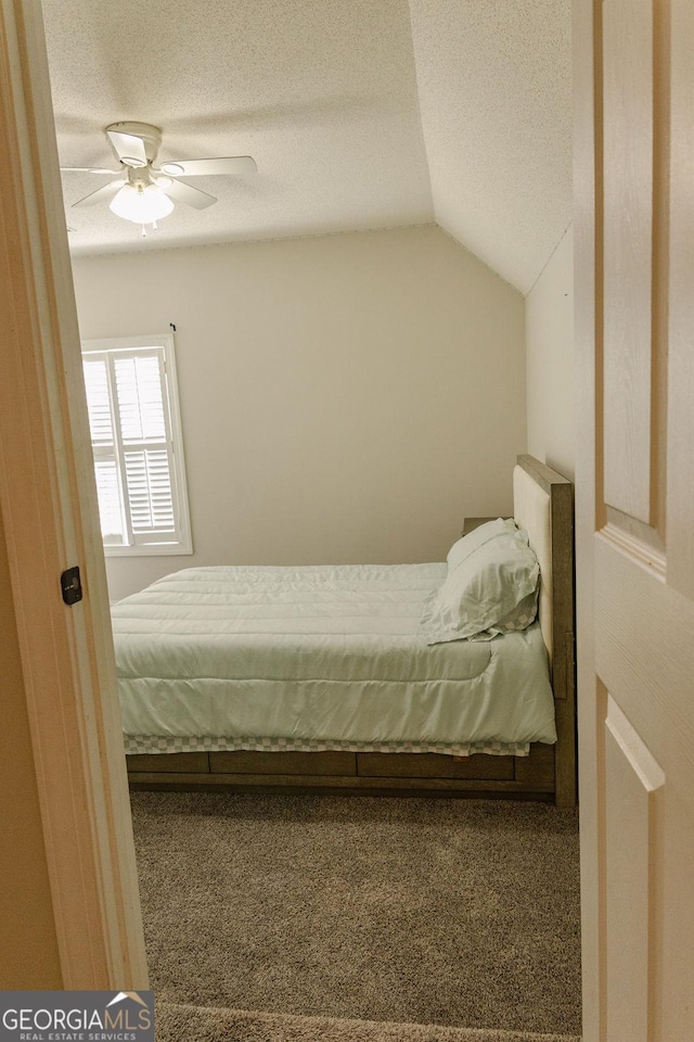 430 Brantley Rdg, Warner Robins, GA 31088 - bedroom featuring carpet floors, vaulted ceiling, a textured ceiling, and a ceiling fan