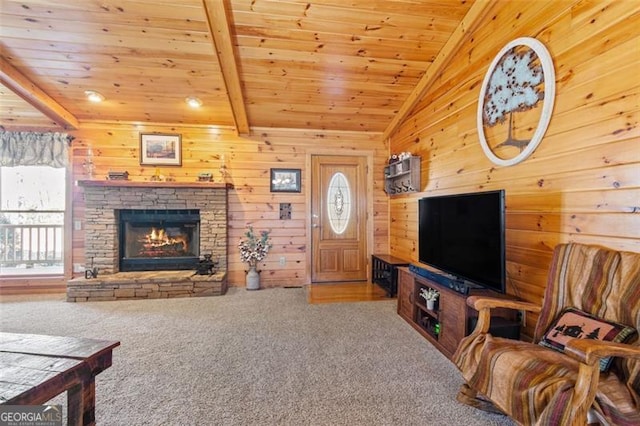carpeted living room with wooden ceiling, plenty of natural light, and wood walls