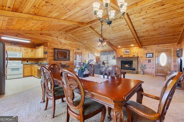 dining area with wood ceiling, wood walls, lofted ceiling with beams, and a stone fireplace