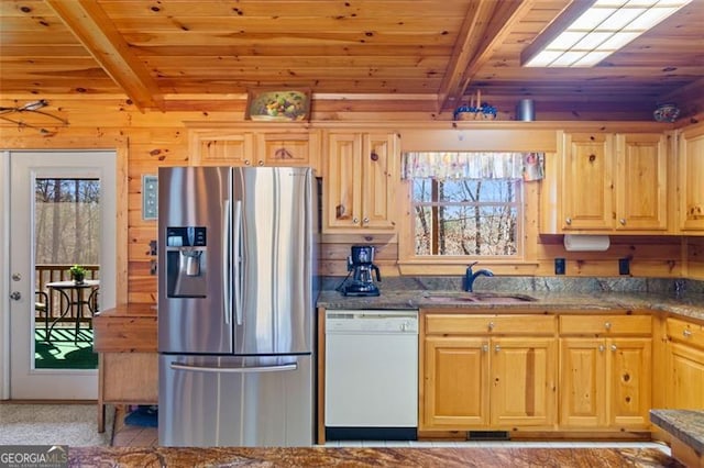 kitchen with a sink, wood ceiling, stainless steel refrigerator with ice dispenser, and white dishwasher