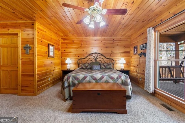 bedroom featuring wooden ceiling, visible vents, wood walls, and carpet floors