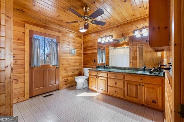full bathroom with wooden ceiling, ceiling fan, toilet, and wooden walls