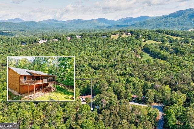 birds eye view of property featuring a forest view and a mountain view