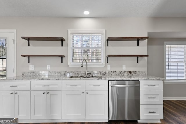 kitchen with a sink, a healthy amount of sunlight, open shelves, and stainless steel dishwasher
